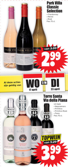  rose rode wijn witte 17 23 park villa classic selection chardonnay merlot rosee fles ark hamersma 3.99 della la fiano primitivo rosato careful from puglia italia torre santa negroamaro topwijn 3 99 