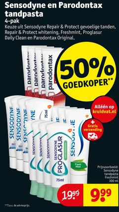  4 50 300 sensodyne parodontax tandpasta pak repair protect gevoelige tanden whitening freshmint proglasur daily clean original goedkoper protection ml fresh mint kruidvat.nl verzending 75ml 