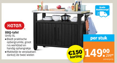  150 keter bbq tafel unity xl opbergruimte rvs werkblad ophangrekje verplaatsen twee wielen stuk 