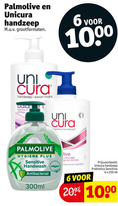  6 250 1000 palmolive unicura handzeep grootformaten uni cura savon mains beschermt hygiene sensitive handwash antibacterial 300ml natuurlijke huid ingredient prebiotica ml 