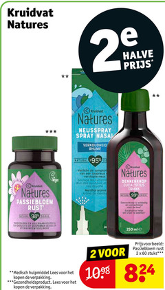  2 60 99 250 kruidvat natures halve neusspray spray verkoudheid passiebloem natural origin valeriaan gespannen gevoelen medisch hulpmiddel lees gezondheidsproduct verlicht loopneus verstopte neus soulage les dun nez que bouche menthol aroma arome dennenknop eucalyptus drank ademen ml stuks 