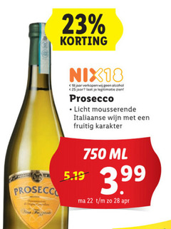  prosecco 18 22 23 25 28 750 origin vino frizzante nix18 jaar alcohol legitimatie licht mousserende italiaanse wijn fruitig karakter ml 