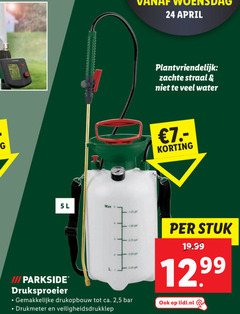  5 24 woensdag l iii parkside druksproeier 1 00 drukopbouw ca. 2 bar drukmeter zachte straal water stuk 12 99 lidl.nl 