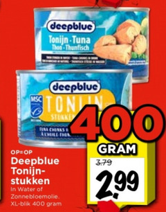  400 deepblue tonijn tuna thon tina chunks stukken water zonnebloemolie xl blik 