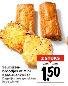  2 saucijzen broodjes mini kaas uienkruier dagelijks vers gebakken stuks 