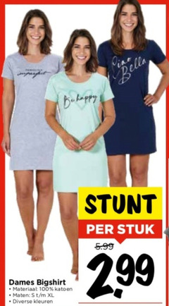  100 be happy bella dames bigshirt materiaal katoen maten xl kleuren stuk 5.99 