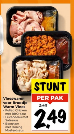  vleeswaren broodje warm vlees pulled chicken bbq saus fricandeau beenham honing mosterdsaus pak 