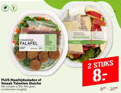  2 100 450 couscous falafel maaltijd salade paprika spinazie rucola rode ui cashewnoot vinaigrette vegetarisch groenten 100g maaltijdsalades talenten quiche schalen combineren vegetarische maaltijdsalade geitenkaas pasta appel walnoten honing tijmdressing portemonnee stuks 