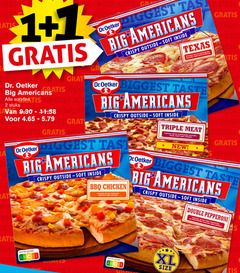  1 2 vliets weken dr. oetker big americans gd soorten stuks grati dr.oetker crispy outside soft inside texas topped with salami and mozzarella taste nutri score bbq chicken breast cheese triple meat pepperoni ham beef new xl size double variatie sand 