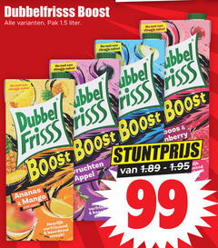  99 dubbelfrisss boost pak liter vleugje zuivel dubbel ananas mango appel verfrissend boordevol vruchten boor sim 