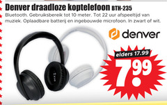  10 22 denver draadloze koptelefoon bluetooth meter uur afspeeltijd muziek oplaadbare batterij ingebouwde microfoon zwart wit elders 