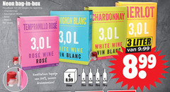  3 10 40 100 neon bag box houdbaar dagen opening chardonnay sauvignon blanc rosee merlot doos wine tempranillo rose topwijn druivenrassen 8 99 liter white vin 2 25 care 