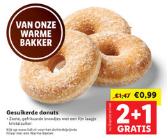  donuts 1 2 5 warme bakker gesuikerde zoete gefrituurde broodjes fijn laagje kristalsuiker www.lidl.nl filiaal 99 