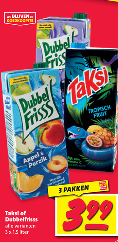  dubbelfrisss taksi fruitdrank 3 10 40 1 5 liter dubbel tropisch fruit appel perzik verfrissend rijk pakken 3.99 