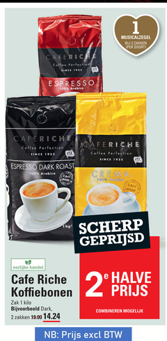  cafe riche koffiebonen 1 2 100 coffee since espresso arabica zakken certified dark roast crema eerlijke zak kilo scherp geprijsd halve combineren 