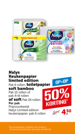  nalys toiletpapier keukenpapier 6 12 24 50 80 450 soft bamboo mega pack hygiene comfort limited edition lekkers moment pak rollen varieeren kassa 