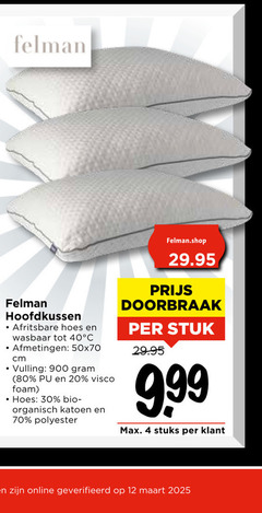  hoofdkussen 4 12 20 30 40 80 felman afritsbare hoes wasbaar cm vulling visco foam bio organisch katoen polyester doorbraak stuk stuks online geverifieerd 