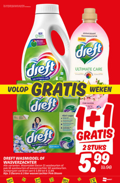  dreft wasmiddel wasverzachter 1 2 16 40 50 99 100 combinatie new formula with fibers protect technology brilliant colours kleuren adoucissant ultimate care recycled plastic kleurbescherming protection des couleurs weken carton blue dream 4in1 caps reinigt mild avec douceur beschermt vezels les wit kleur blancs geur delicieux parfum flacon wasbeurten pak varieeren 5.99 liter pink bloom aging collagen stuks 5 grati 