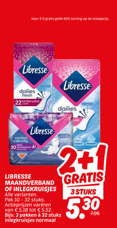  libresse maandverband inlegkruisjes 1 2 3 10 22 32 60 dailies fresh comfort security mado goodnight pak 10-32 stuks pakken normaal curver 5 30 