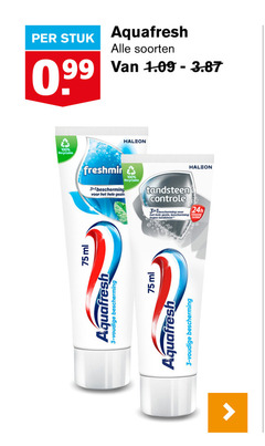  aquafresh tandpasta 3 99 100 stuk soorten recyclable freshmint bescherming gezin tandsteen controle glazuur schild ml 