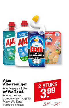  wc eend ajax allesreiniger toiletreiniger 1 2 99 hard vuil hardnekkigste eucalyptus dubbele fris beter bereik edition hygienisch toilet zichtbare ontkalker active clean flessen liter combineren fresh disc refills stuks 3.99 
