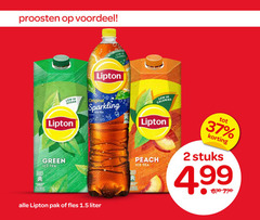  lipton ice tea 2 proosten voordeel calories sugar original sparkling green peach stuks pak fles liter 