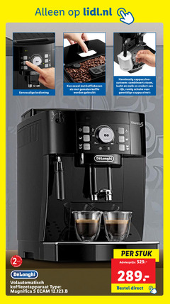  koffiezetapparaat 2 8 eco lidl.nl bediening koffiebonen gemalen koffie handmatig cappuccino systeem combineert stoom lucht melk rijk romig schuim delonghi jaar volautomatisch magnifica stuk 