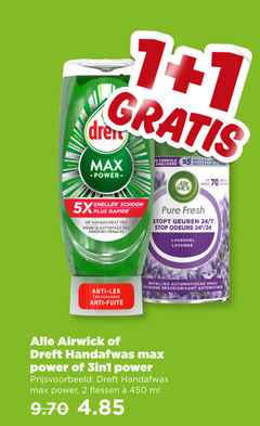  airwick dreft luchtverfrisser afwasmiddel 1 2 5 7 450 formule neutralise wick schoon aangekoekt vet pour le nettoyage des graisses fresh stopt geuren 24 stop odeurs lavendel lavande anti technologie fuite navulling automatische spray recharge automatique handafwas power flessen ml 