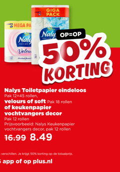  nalys toiletpapier keukenpapier 12 18 45 50 mega fluweel giga pack eindeloos pak rollen velours soft vochtvangers decor plus.nl 
