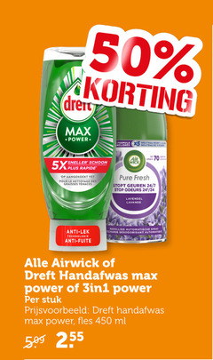  airwick dreft luchtverfrisser afwasmiddel 50 450 formule neutraliseert neutralise schoon 5x aangekoekt vet pour le nettoyage des graisses fresh stopt geuren 24 7 stop odeurs lavendel lavande anti technologie fuite navulling automatische spray recharge automatique handafwas power stuk fles ml 