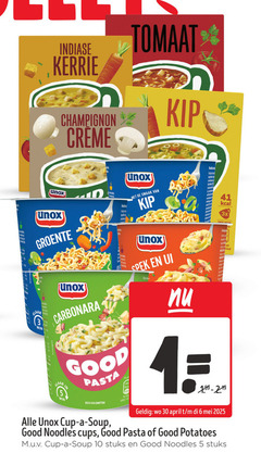  unox soep noodles 1 5 6 10 30 100 indiase kerrie champignon creme tomaat kip week groente klaar min carbonara good pasta eiwitten cup soup spek ui be 3x ml cups potatoes stuks 