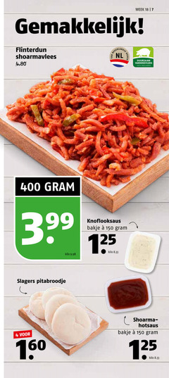  4 7 18 100 150 160 400 week flinterdun shoarmavlees nederlandse nl bodem duurzaam varkensvlees hollands kilo knoflooksaus bakje slagers pitabroodje shoarma 