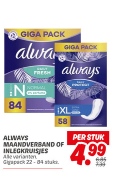  always maandverband inlegkruisjes giga pack daily fresh normal perfume protect gigapack stuks stuk 