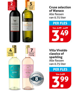 2 4 5 7 8 49 399 soepel en rond droog fris wanaco vivallo pinot grigio vol selection chardonnay fruitig vivaldo aanbeoor de grote hamersma cruse of alle flessen van 0.75 liter per fles 3.99-4.39 3.9 villa classico sparkling 5.29