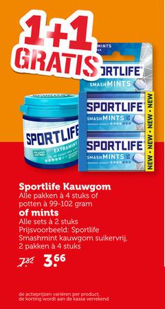  sportlife kauwgom 1 2 4 longer lasting extramint ca. sugar free gums intensity mints smash freshness new pakken stuks potten smashmint suikervrij varieeren kassa 