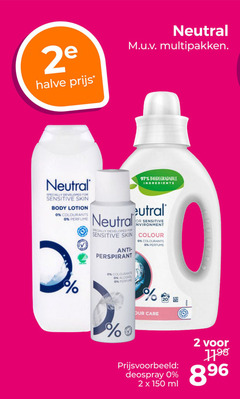  neutral deodorant bodylotion douchegel 2 150 2e halve multipakken specially developed for sensitive skin body lotion colourants perfume biodegradable ingredients colour anti-perspirant alcohol care deospray ml 