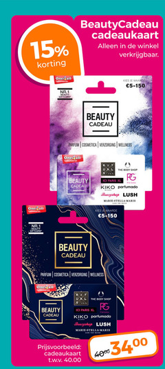  15 cadeaukaart cadeaukaarten nr.1 beauty giftcard waarde cadeau parfum cosmetica verzorging wellness body shop paris xl pink flush stella maris care for water one all t.w.v. 