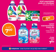  ariel lenor wasverzachter wasmiddel 2 15 17 36 700 alpine color vloeibaar stuks ml 4in1 fraicheur ultra geconcentreerde fresh air wasbeurten wasbeurt fris buiten gedroogd frais plein defense odor jardins fleurs fleurige bloesem synthetisch parfum trekpleister 
