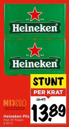 18 24 25 30 1873 est . heineken  a heineken nix18   jaar   laat je legitimatie zien   verkopen wij geen alcohol pils krat flesjes e  cl stunt per 18.45 13.89