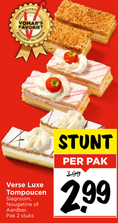  2 favoriet verse luxe tompoucen slagroom nougatine aardbei pak stuks 3.99 