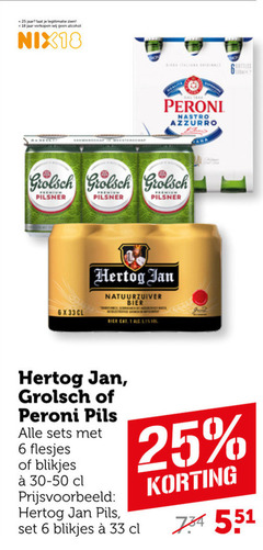  hertog jan grolsch blikjes bier 1 6 18 25 33 jaar legitimatie alcohol nix18 meesterschap italiana originale qualita peroni nastro azzurro pilsner premium natuurzuiver 5.1 pils 