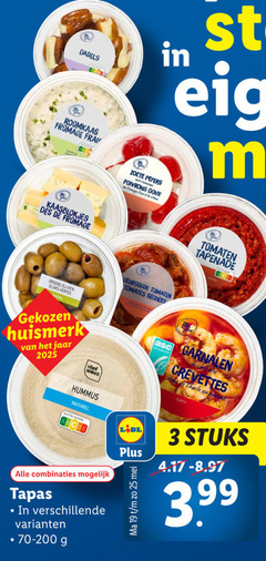  3 19 25 dadels roomkaas fromage zoete pepers poivrons doux frais le crime kaasblokjes des groene olives gekozen huismerk jaar select gedroogde tomaten tomates sechees tapenade garnalen crevettes hummus naturel nutri score combinaties tapas stuks 3.99 