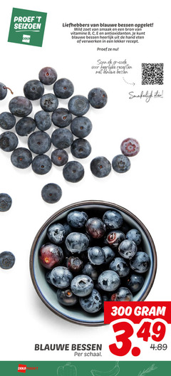  300 proef seizoen deka liefhebbers blauwe bessen mild zoet vitamine b antioxidanten hand eten verwerken recept scan code recepten schaal 