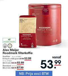  alex meijer koffie 5 6 500 eco excellent quality co. cote eerlijke roodmerk rouge snelfiltermaling mcafee moulu medium gebrand filterkoffie snelfilter krimp blik kilo 