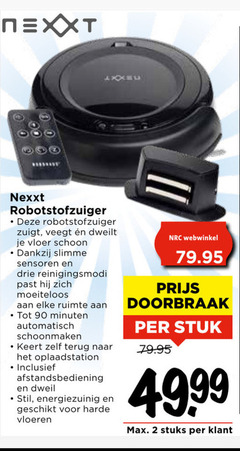  robotstofzuigers 2 90 00 nexxt robotstofzuiger zuigt dweilt vloer schoon sensoren drie ruimte minuten automatisch schoonmaken terug oplaadstation afstandsbediening dweil stil energiezuinig harde vloeren webwinkel doorbraak stuk stuks 