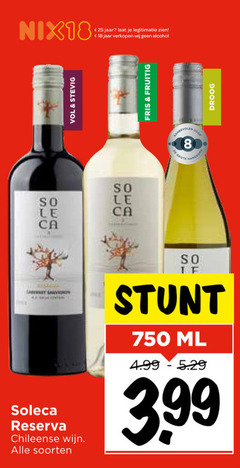  witte wijn rode 8 18 25 750 nix18 jaar legitimatie alcohol stevig fris fruitig droog le sauvignon soleca reserva chileense soorten ml 3.99 