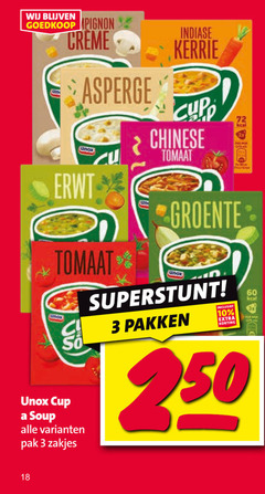  unox soep 1 3 10 18 60 champignon creme asperge indiase kerrie chinese tomaat groente erwt cup soup pak zakjes pakken 