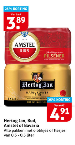  bud amstel hertog jan bavaria blikjes bier 1 6 25 33 1870 bieren traditiegetrouw pilsener volmout natuurzuiver traditioneel granen hopsoorten 5.1 pakken liter 