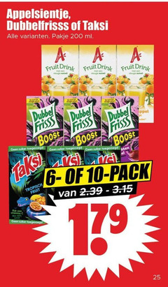  dubbelfrisss taksi appelsientje fruitdrank 6 10 25 200 pakje ml fruit drink zuivel dubbel frisss suiker boost tropisch pack 17 