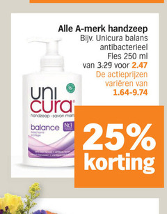  unicura handzeep 25 250 merk balans antibacterieel fles ml varieeren uni cura savon main balance protege bewezen nr.1 